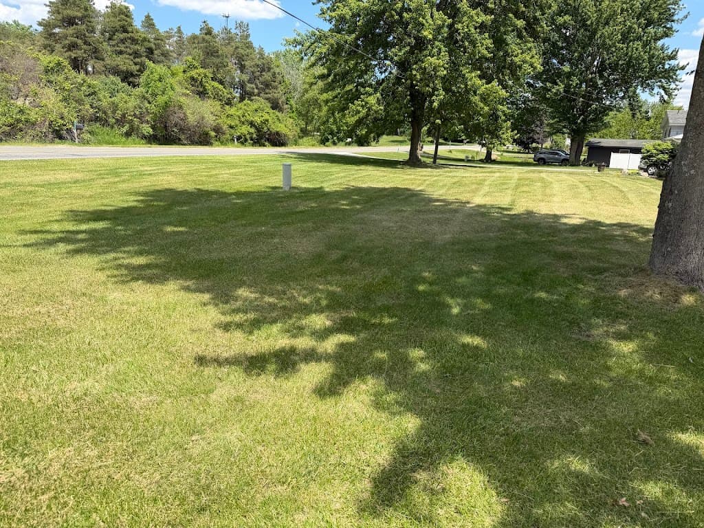 Freshly striped lawn in front of a white brick home